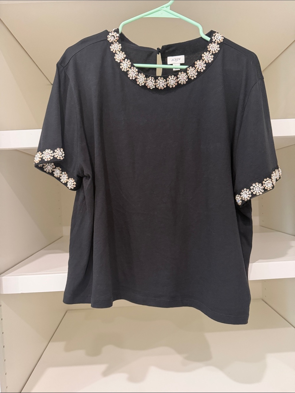 J. Crew Black Short-Sleeve Tee with Pearl Floral Trim